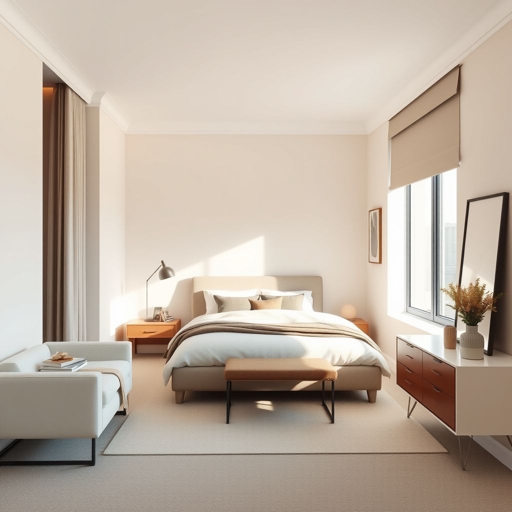 Modern bedroom with clean, white paint and stylish decor.