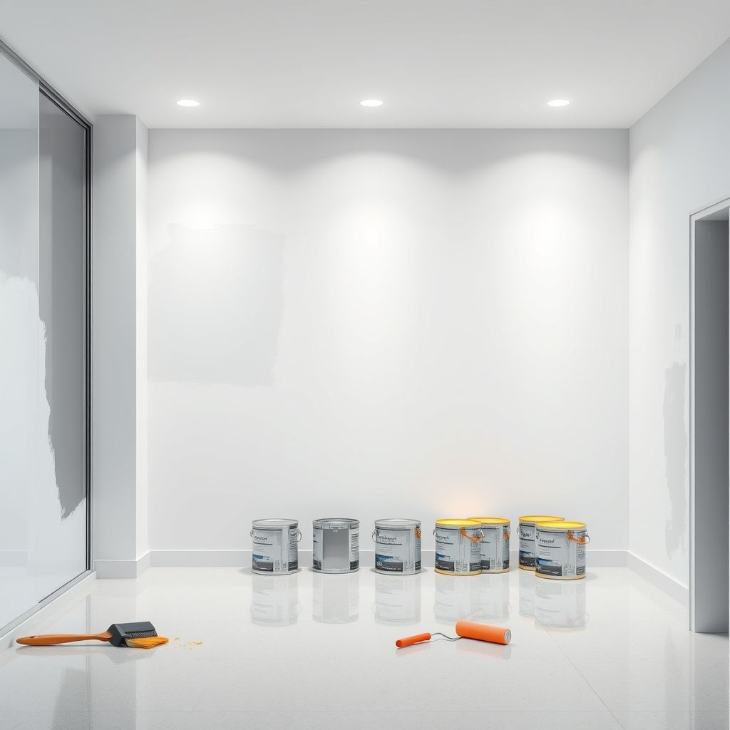 A professional painter in protective gear, holding a paint roller, standing in front of a freshly painted wall with a toolbox.