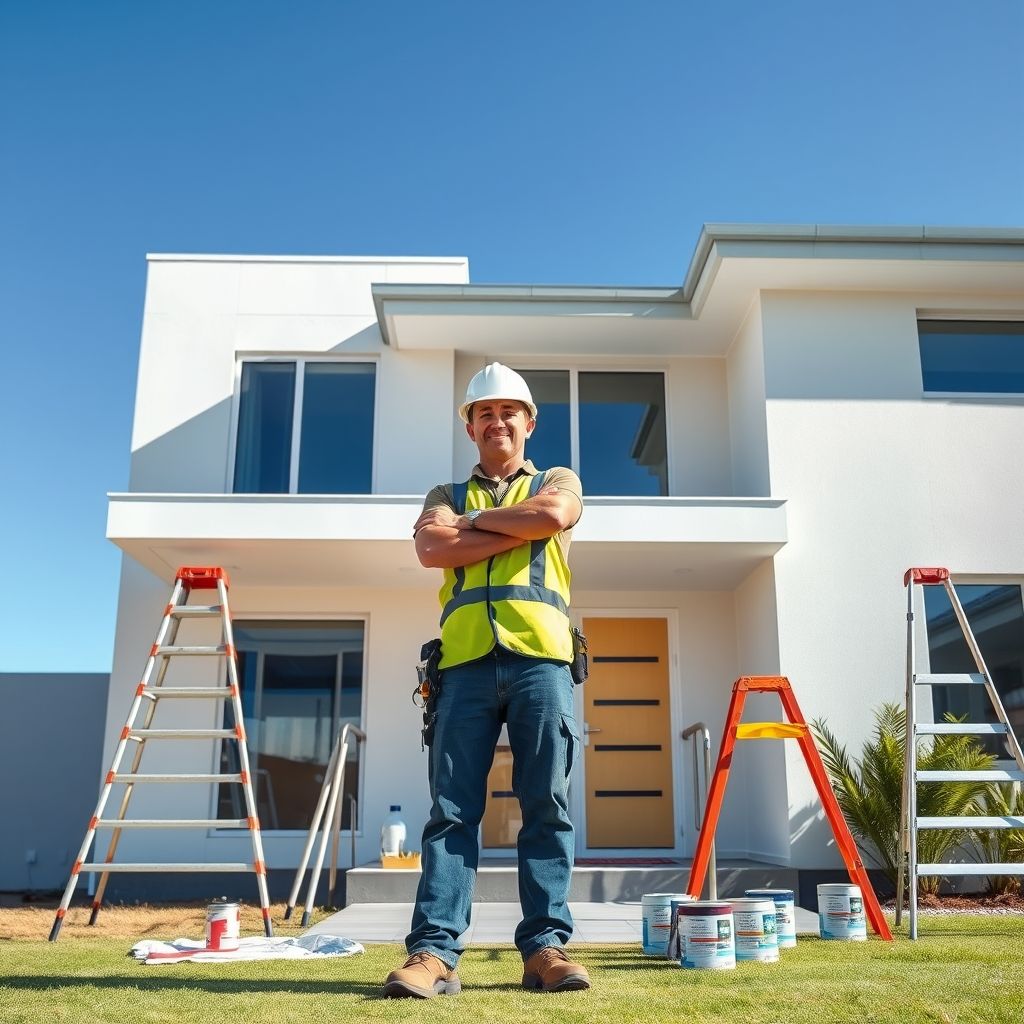 Professional, clean, modern warehouse painted in vibrant hues, overlooking a tranquil Perth coastal landscape under a clear sky, suitable for featured image in The Complete Guide to Warehouse and Commercial Painting.