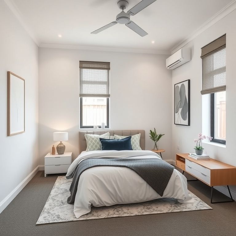 Modern Two-Bedroom Investment Property in Perth, showcasing sleek, pristine interiors with crisp lines and neutral tones,, set against a clear Perth skyline, perfect for construction projects and home painting contractors.