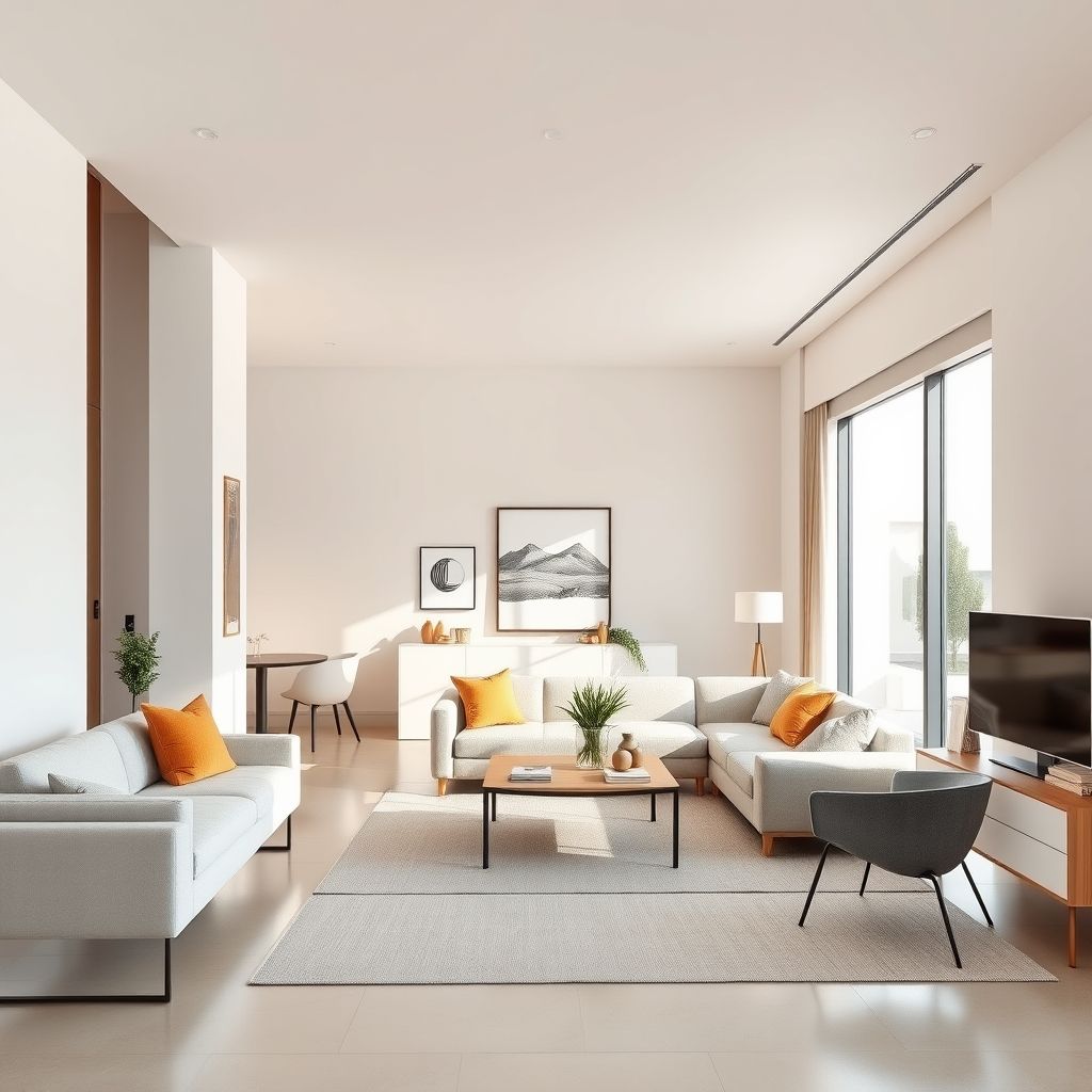 Clean, modern studio with fresh white walls and elegant furniture, showcasing professional painting services in Perth.