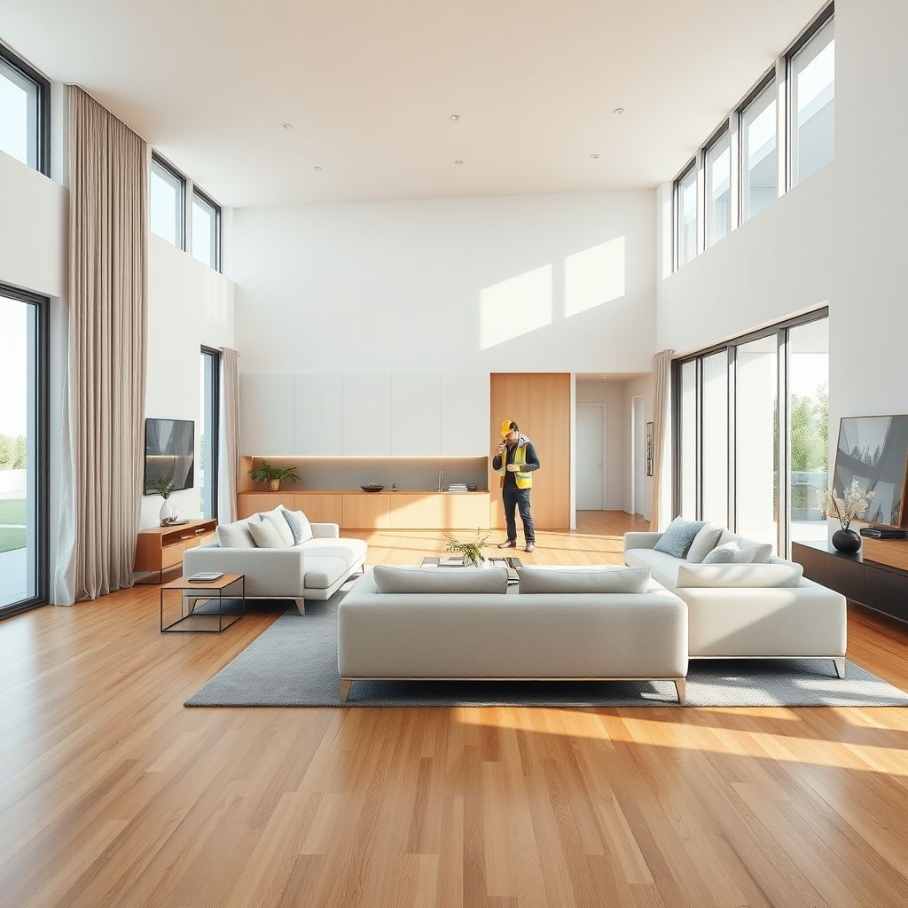 Spacious modern home with an open-plan layout and natural lighting. The interior features neutral tones and elegant furnishings.