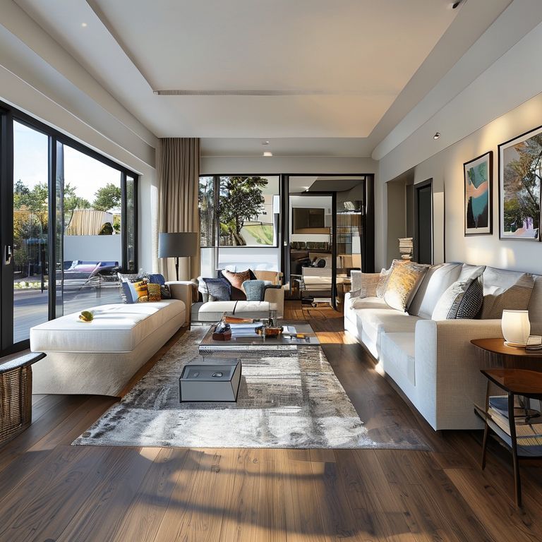 Modern, spacious 5-bedroom residence with multiple living areas, showcasing sleek doors and a contemporary color palette. Ideal for a featured image in Perth's real estate market.