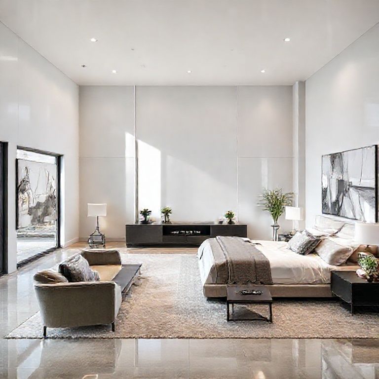 Sleek, modern 5-bedroom luxury property with pristine white exterior, against a Perth skyline, showcasing factory painting contractors at work, maintaining a manufacturing facility in professional, clean style. Ideal for featured image, 16:9 aspect ratio.