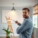 Modern, clean, high-quality photorealistic image showcasing a professional painter's meticulous work on a pristine wall trim, emphasizing the importance of experience in achieving flawless results.