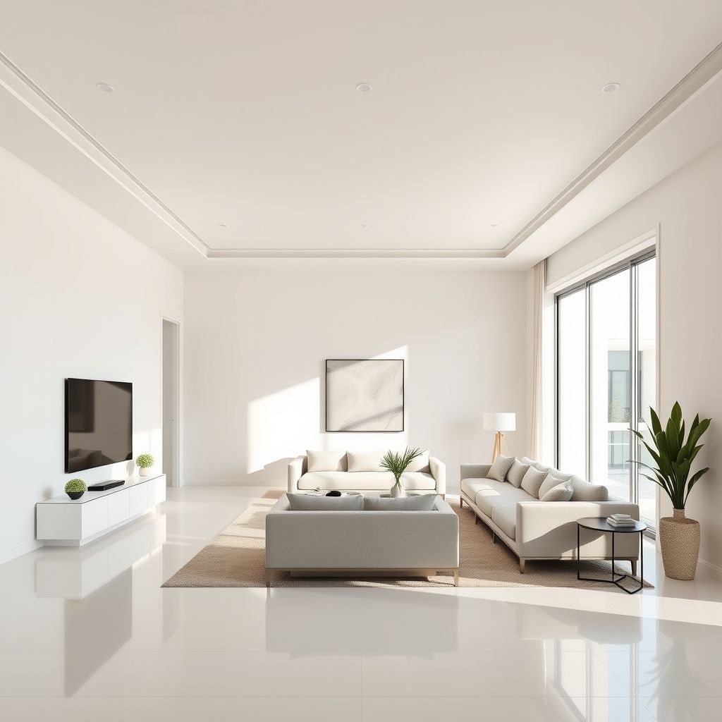 Pristine modern office and home interiors, freshly painted in bright white, with natural light pouring in through large windows.