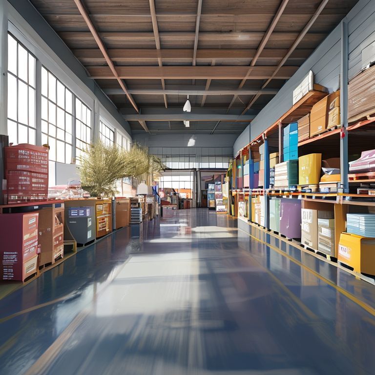 Modern, clean warehouse in Perth under diffused daylight. High-quality photorealistic image showcases variety of paint colours, suitable for choosing the perfect hue for Perth's climate and light.