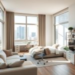 Bright, modern home office with sleek furniture and abstract wall art. A calm, professional space with natural light.