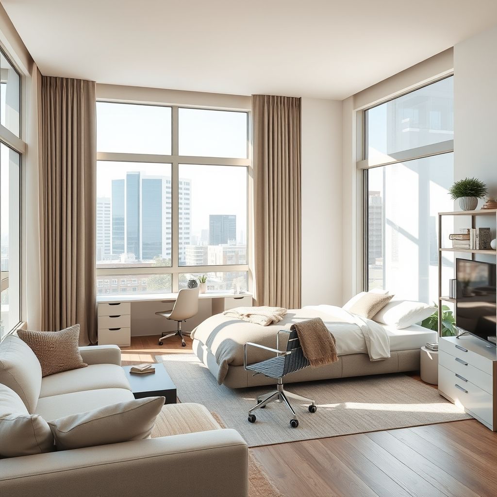 Bright, modern home office with sleek furniture and abstract wall art. A calm, professional space with natural light.