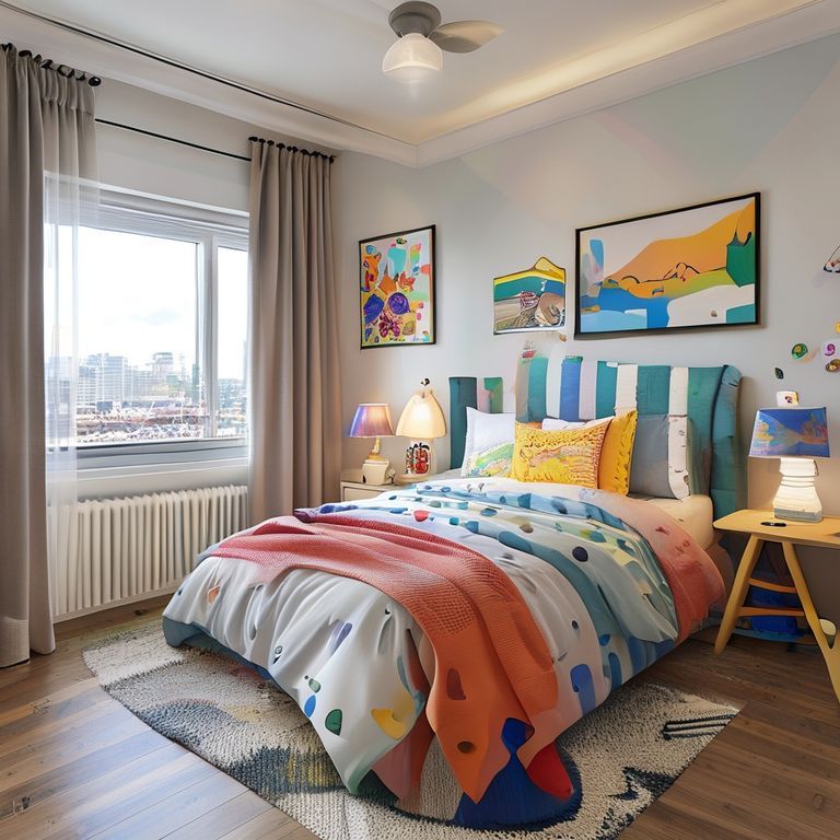 Modern, clean, kid-safe bedroom in Perth with stylish, professional painting in 16:9 aspect ratio, showcasing a safe, modern children's space.