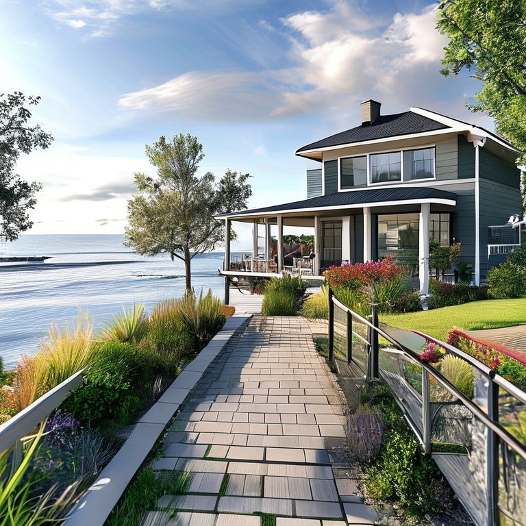 Modern waterfront property in Perth, showcasing expert home painting timeline planning under coastal weather specialist guidance, in pristine, professional 16:9 aspect ratio.