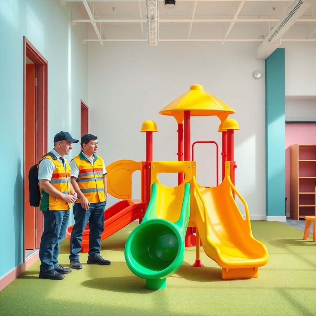 Clean, modern playground with colorful equipment surrounded by fresh paint. A happy, safe space for children to enjoy.