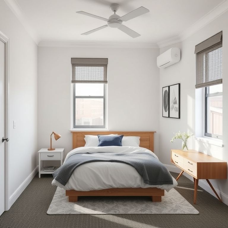 Modern, clean one-bedroom rental interior in sleek neutral tones, showcasing a quick paint job by Perth's school painting contractors, ideal for featured images in a 16:9 aspect ratio.