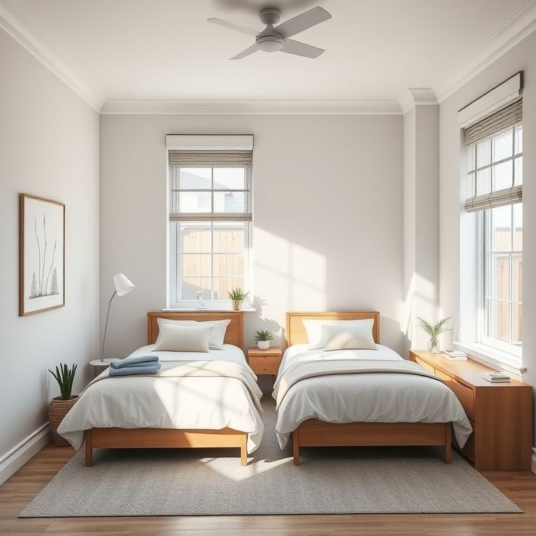 Modern two-bedroom home office in Perth, featuring a sunlit, clean, and professional workspace, set against a backdrop of contemporary style and design, ideal for a 16:9 aspect ratio.