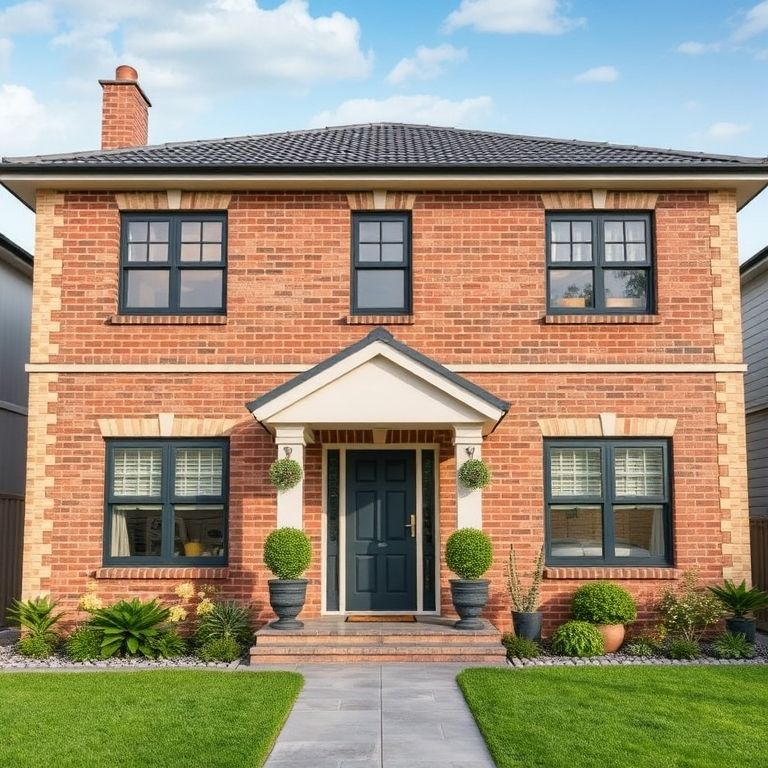 Modern, 16:9 ratio, 3-bedroom brick & tile home exterior in Perth, showcasing clean lines, contemporary paint scheme, and high-quality photorealistic finish.