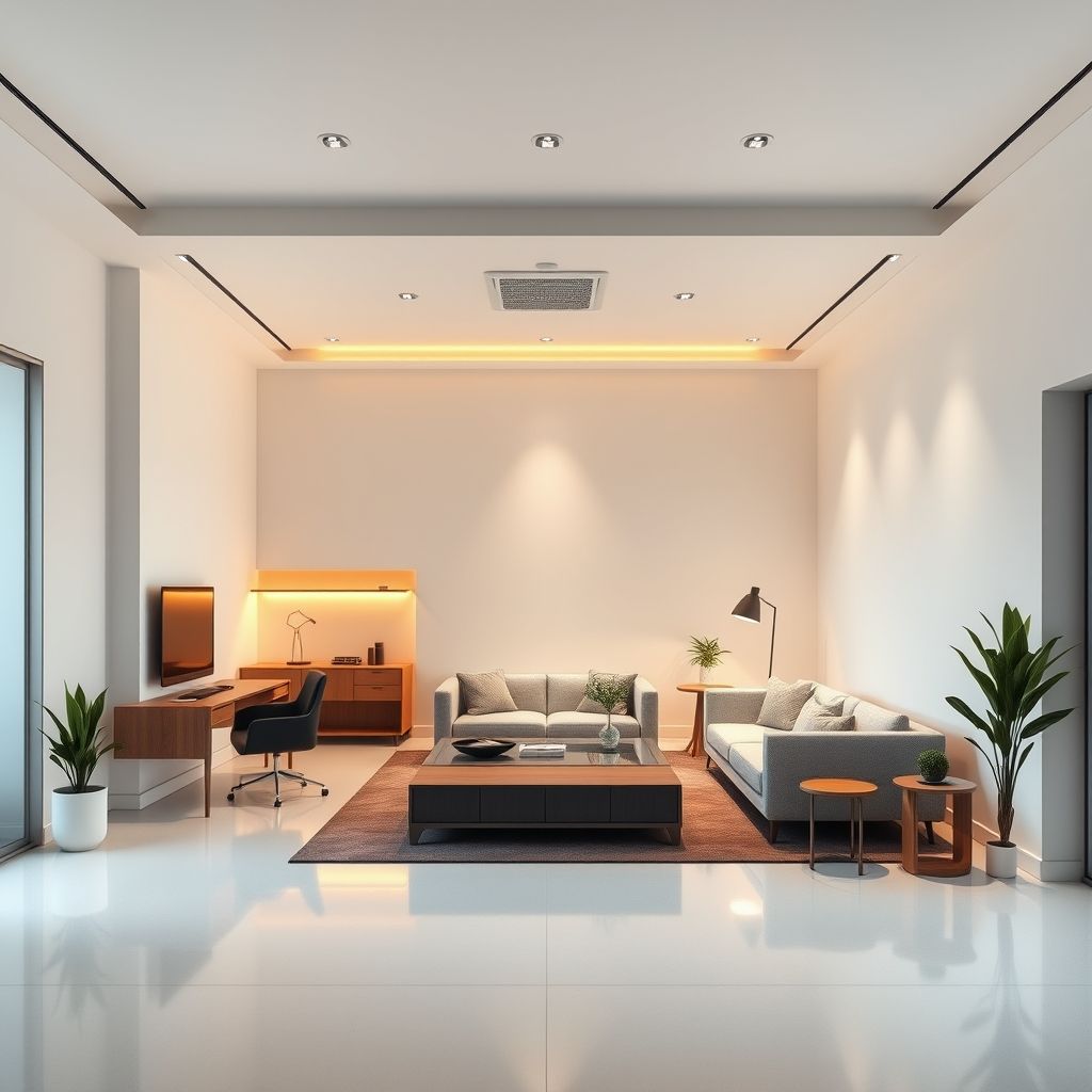 Spacious, modern art studio with a crisp, clean aesthetic. Natural light illuminates a blank canvas on an easel, awaiting the artist's touch.