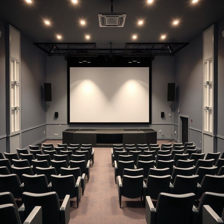 Professional, modern theatre scene painting in a small space, showcasing Big Impact Studio's Perth expertise, suitable for 16:9 aspect ratio.