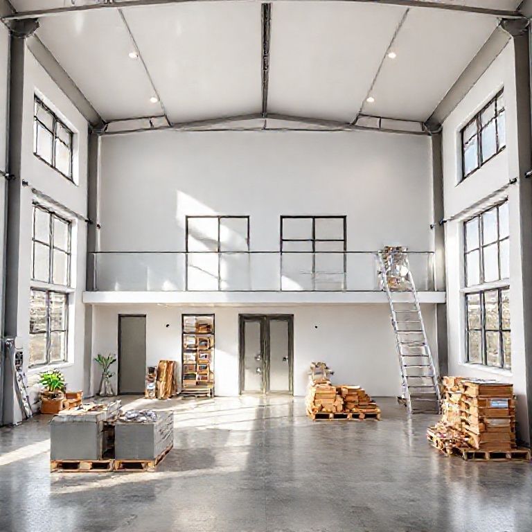Modern, double-storey four-bedroom house in Perth, showcasing clean and professional paint services, set against a spacious warehouse backdrop, in a 16:9 aspect ratio.