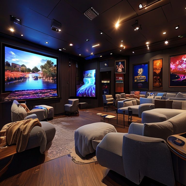 Modern, high-quality 4-bedroom home with a sleek theatre room, showcasing professional, clean, and minimalist design. Ideal for entertainment venues, contracted by Perth-based painters and entertainment service providers, in a 16:9 aspect ratio.