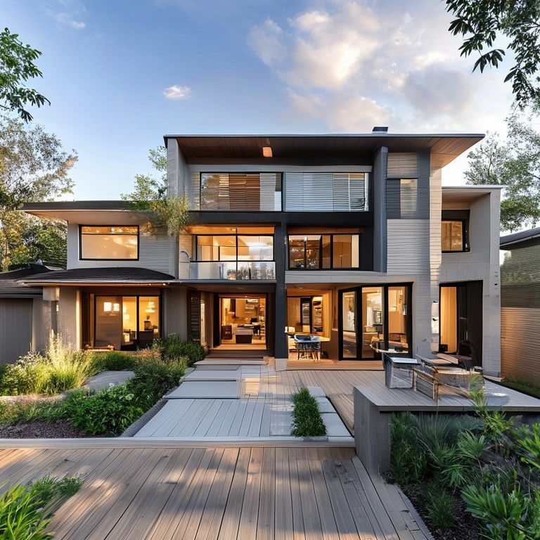 Modern, four-bedroom open-plan Perth house, expertly painted in sleek, contemporary hues, showcasing flexible weekend painting services. Clean lines and a 16:9 aspect ratio make it perfect for a featured image.
