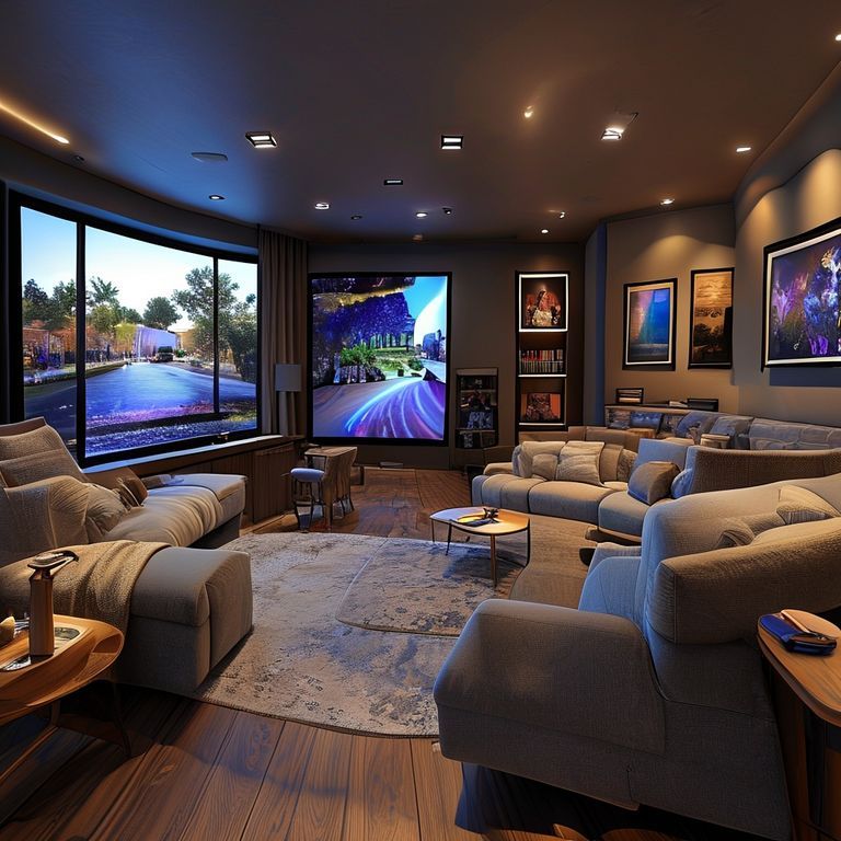 Modern, spacious four-bedroom home with a luxe theatre room in Perth. Clean lines, high-quality finishes, and a 16:9 aspect ratio, ideal for showcasing Four Bedroom with Theatre Room Painters Perth's availability.