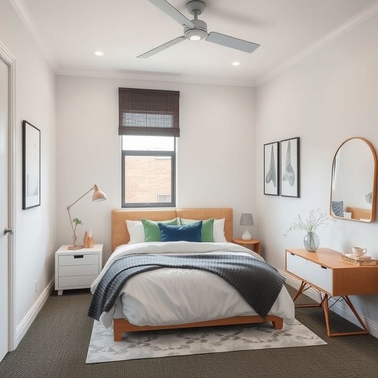 Modern, clean, 16:9 aspect ratio image showcases a stylishly painted Perth rental bedroom, ready for occupancy, coordinated by a retail chain painter's franchise.