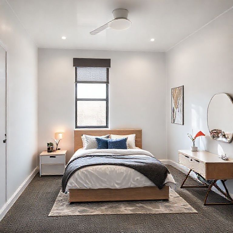 Modern, clean factory interior with freshly painted Perth rental property-style spare bedroom, under factory contractor maintenance, 16:9 aspect ratio.