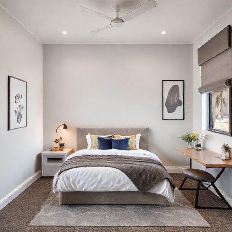 Modern Perth bedroom with vibrant painting, clean lines, and sleek design, showcasing Perth's modern art scene. Empty, professional, 16:9 aspect ratio, perfect for hospitality or modern home interiors.