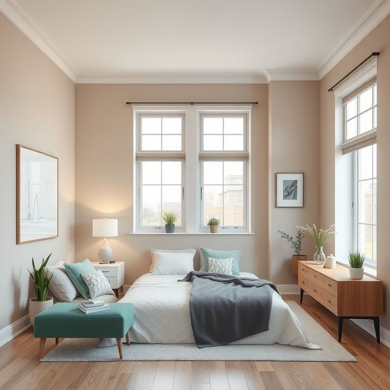 Modern two-bedroom home in contemporary paint colors, showcasing clean lines and construction details, ideal for family living spaces.