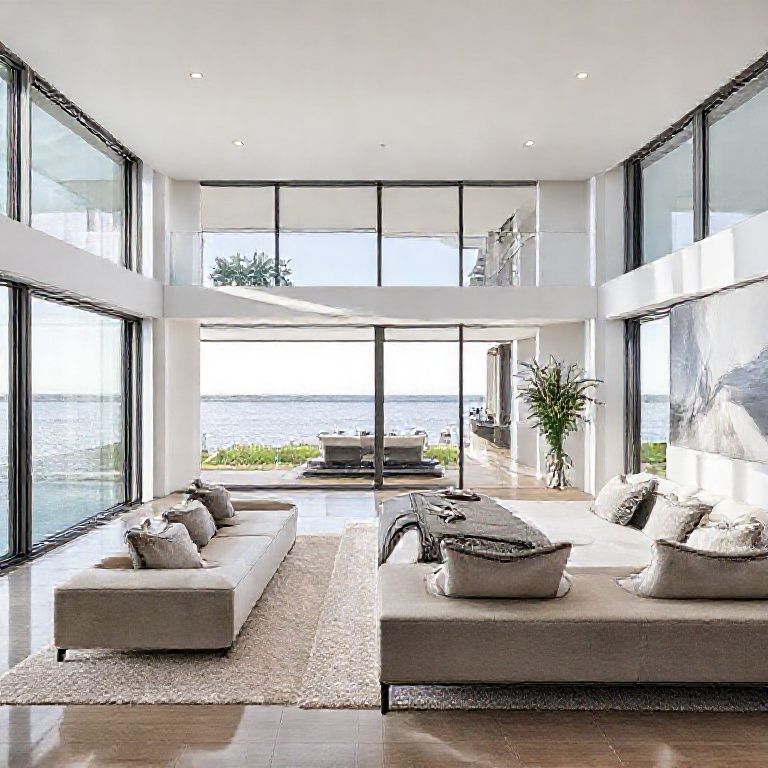 Modern, six-bedroom waterfront home in Perth, showcasing pristine unit painting by professional contractors, coordinated for strata maintenance. Clean, high-quality, 16:9 aspect ratio, suitable for featured images.