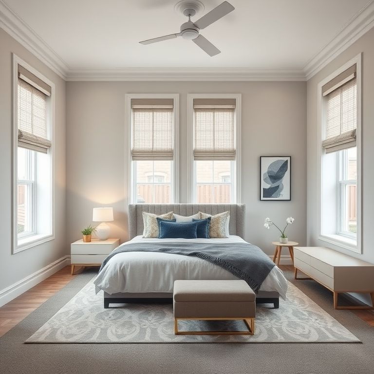 Modern, executive four-bedroom home exterior with sleek lines, painted in a contemporary color palette, set against a clear Perth skyline. Ideal for featured images.