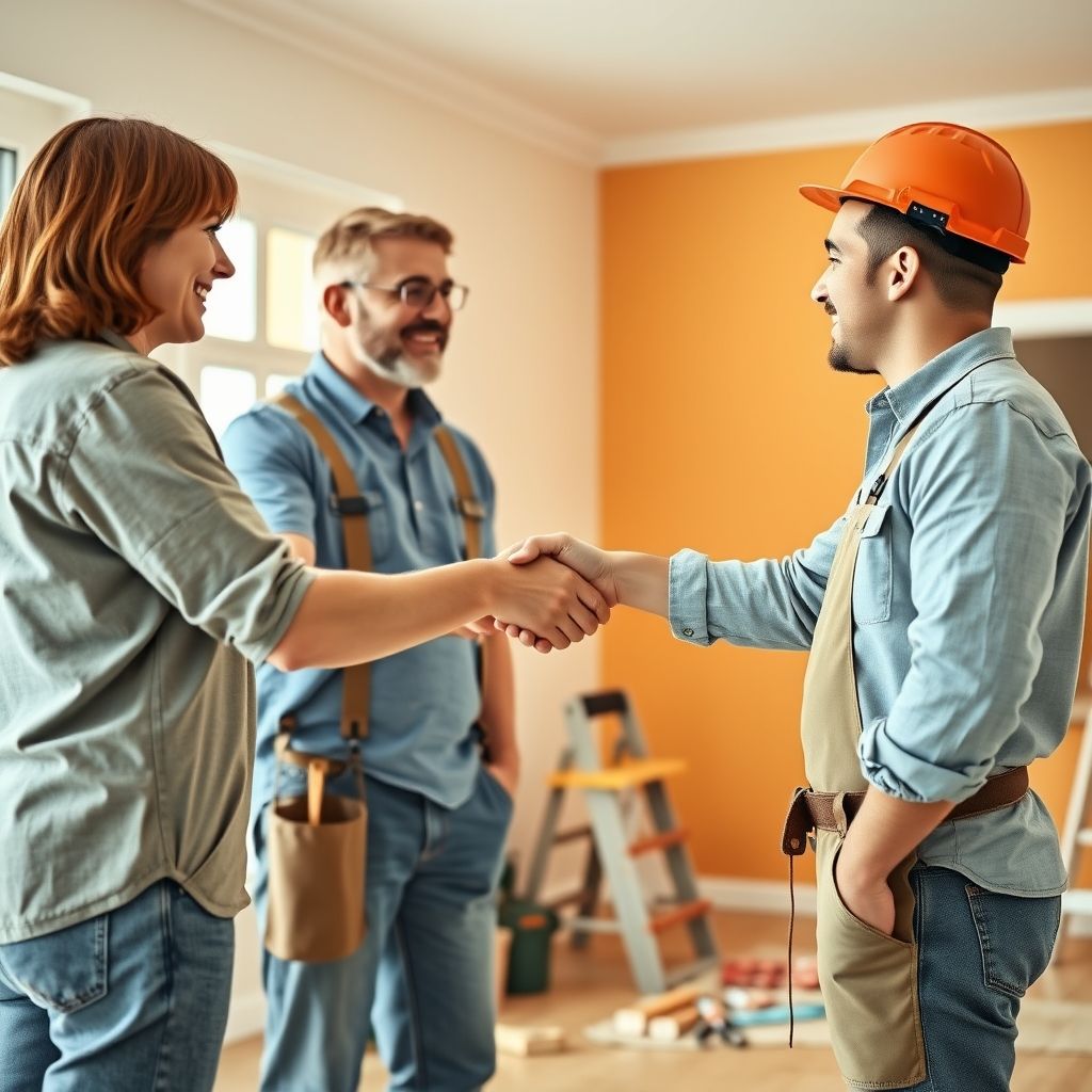 Happy homeowners with local house painters, celebrating the benefits of a fresh coat of paint and a long-term relationship.