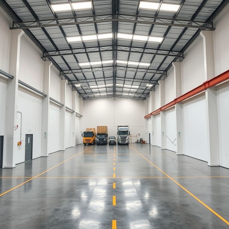 Clean, modern warehouse with freshly painted walls, empty due to weather delays, awaiting industrial activity.