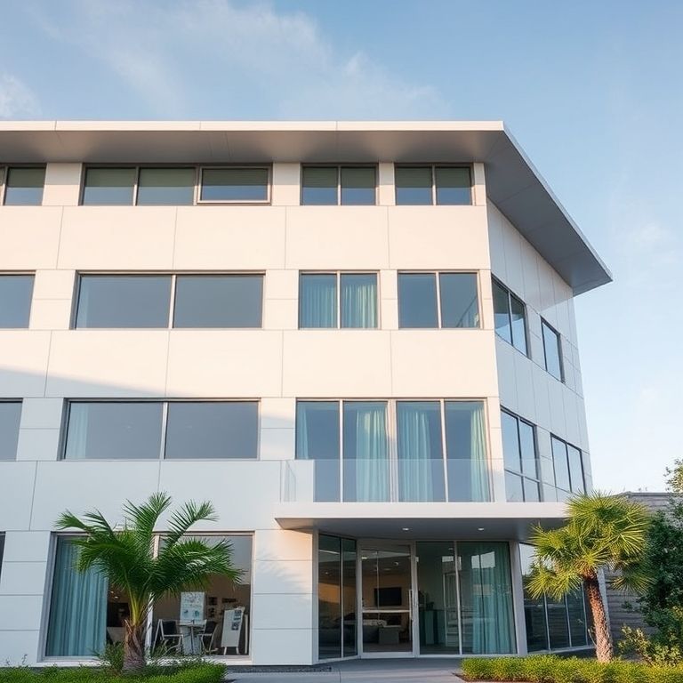 Modern, clean-lined coastal property with quality paint solutions, showcasing Perth strata painting contractors' expertise for body corporate buildings, in a 16:9 aspect ratio.